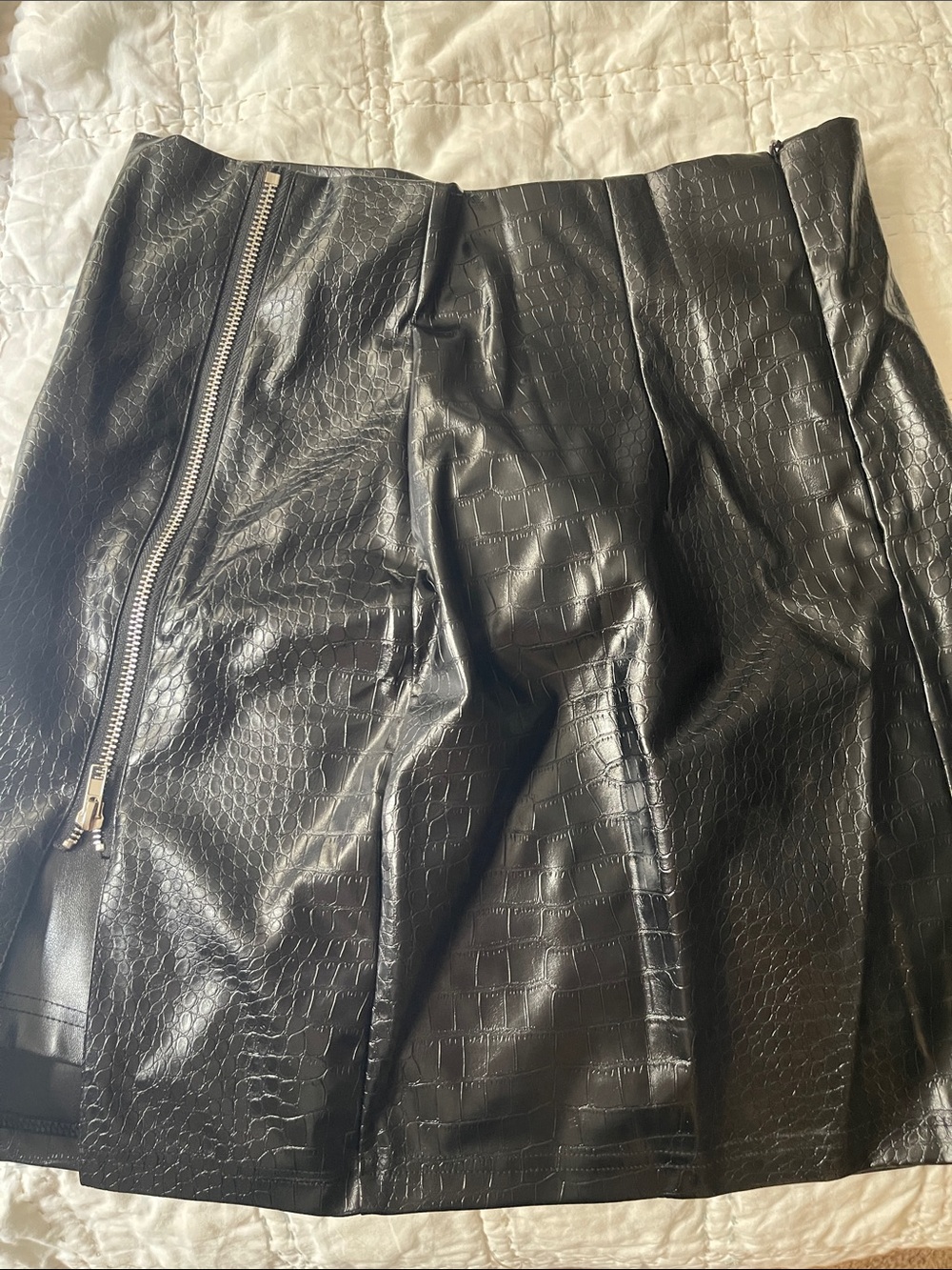 Black Croc-Embossed Faux Leather Pencil Skirt with Exposed Zip